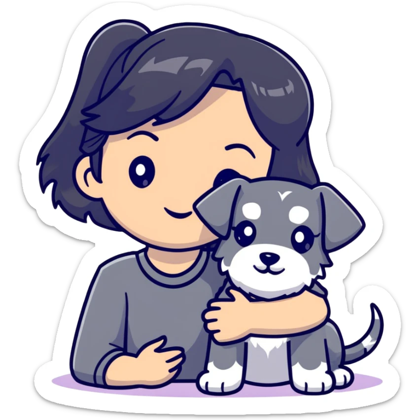 girl with long black hair holding a Schnauzer dog sticker