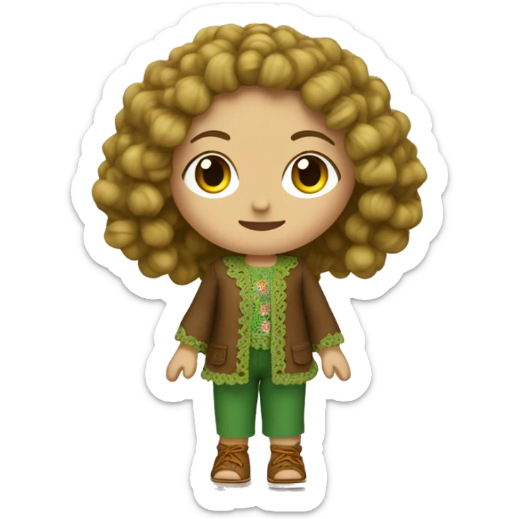 girl with blonde curly hair wearing green and brown hippie crochet outfit and brown shoes sticker