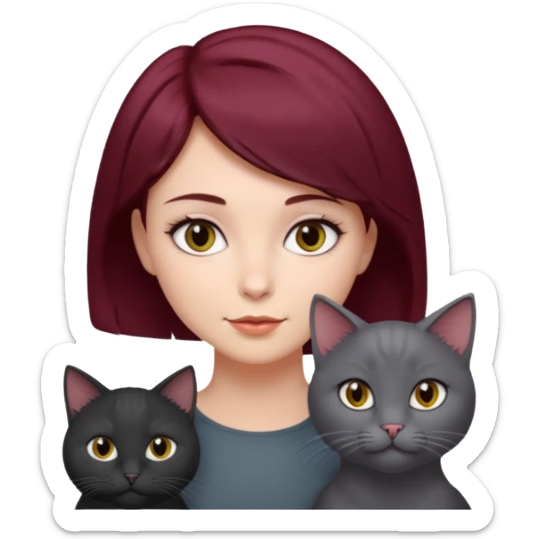 femme au cheveux court bordeau, yeux gris,  avec chat poils longs gris et chat poils ras noirs sticker