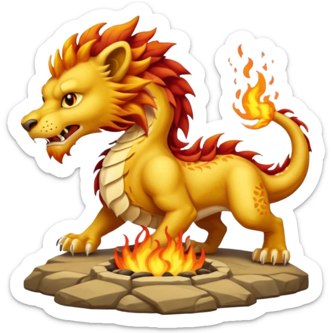 un dragon affrontant un lion, le lion souffle des flammes sur un loup, ambiance épique sticker