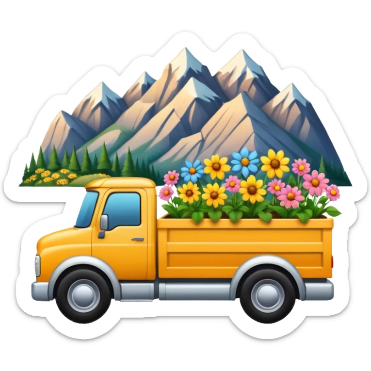 truck with mountains and flowers in the truck bed sticker
