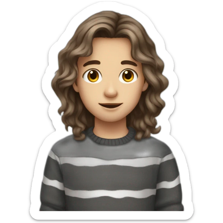 teenager boy brown long wavy hair and dark gray striped sweater sticker