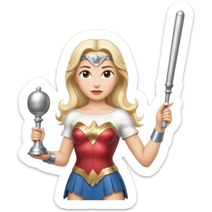 Blonde Wonder Woman holding bell and short white orchestra conductor’s baton  sticker