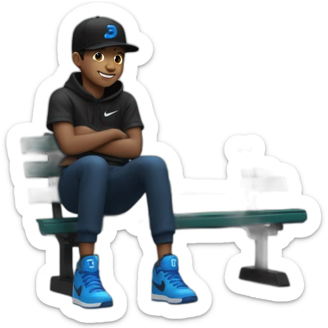 smiling boy,in black , sentado en un banco, con gorra, zapato Nike color negro con azul sticker