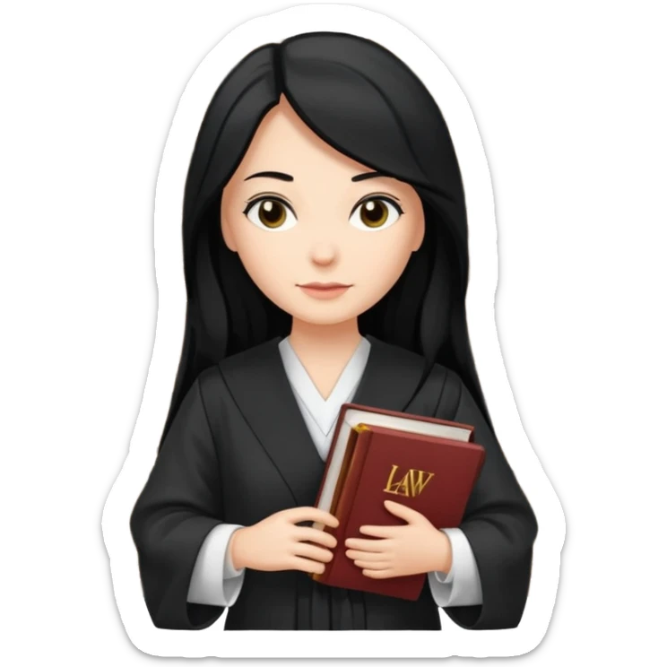 white-women-with-long-black -hair-lawyer-in-lawyer’s-robe. Have law book in hand with bookshelf full of law books in the background sticker