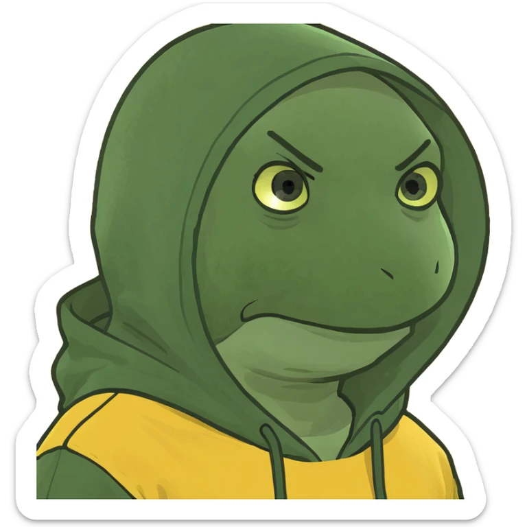 bright and expressive male visionary, fair skin, tousled golden hair, wide joyful eyes, wearing a green hoodie over a yellow tee, one hand raised with a glowing lightbulb, waist-up, front-facing sticker