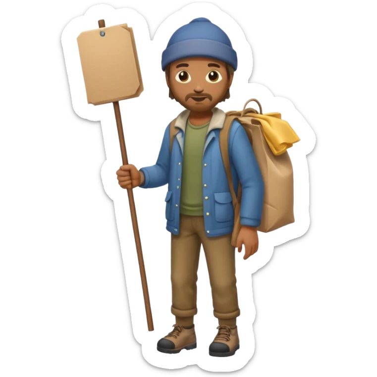 Can you creat a full body emoji of a homeless man holding his things on a stick sticker