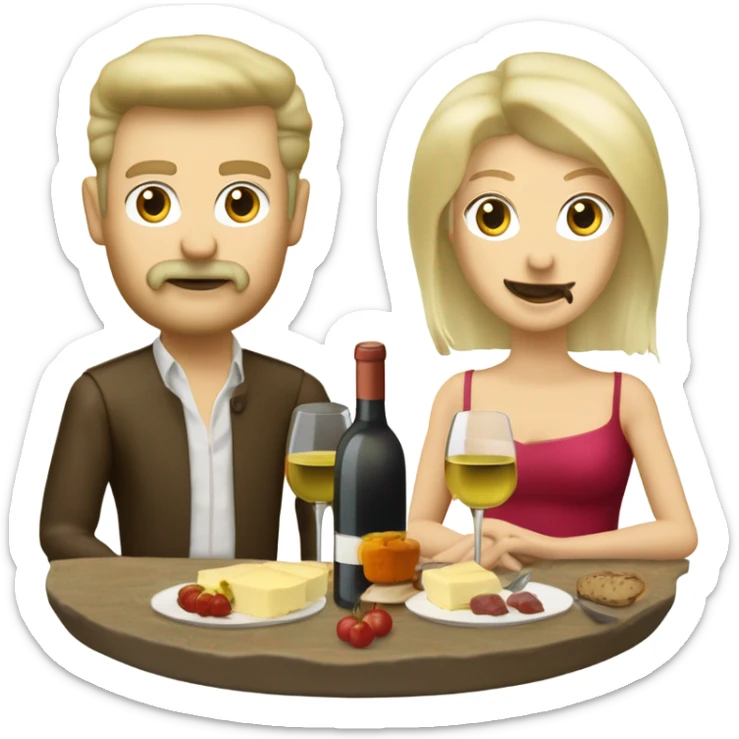 Repas raclette et deux verres de vin blanc en couple 50 ans, femme blonde cheveux aux-dessus des épaules homme petite barbe et moustache grisonnantes et cheveux bruns sticker