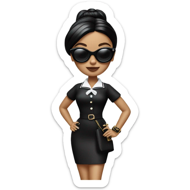 Palm beach Honey Barbie Wednesday Addams ,white face, full body visible, hair done,handbag, small 2 piece, sunglasses,heels,holding yorkie dog  sticker