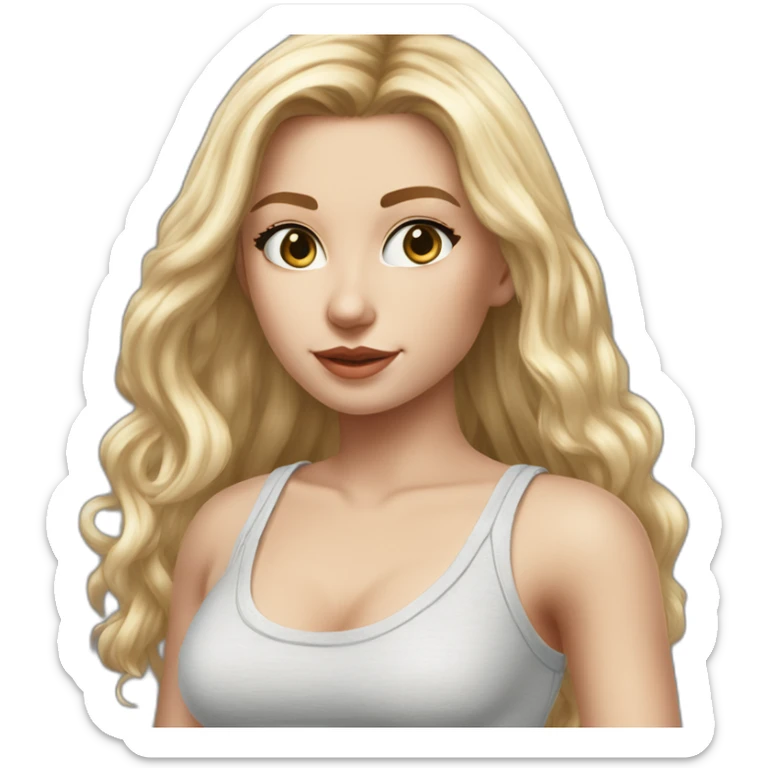 hyperrealist caucasian girl, long straight blonde hair, white v-neck laced crop tanktop, grey tight micro skirt sticker