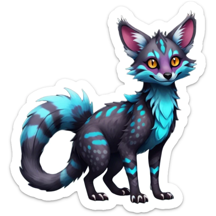 Feral Rare Fantasy dark colorful Vernid-Sergal-Genet-Trico-species by LiLaiRa, random markings, tufted tail, tufted ears, full body sticker