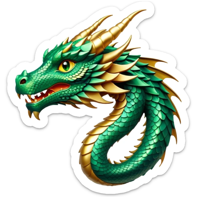 cinematic-noble-dragon-portrait-emoji,-poised-and-majestic,-with-a-sinuous,-elongated-body-covered-in-intricately-detailed,-shimmering-scales-in-hues-of-emerald-and-gold,-and-piercing,-fiery-eyes-that-reflect-ancient-wisdom; sticker