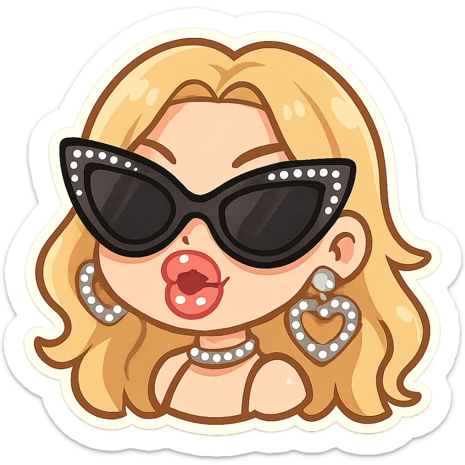 Slayyyter inspired emoji, glamorous, big sunglasses, glossy lips, rhinestone accessories, energetic vibe sticker