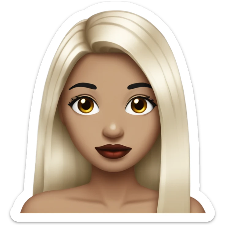girl with white skin and balayage straight straight hair , black black black eyes with eyelashes, black eyebrows red lips,  sticker