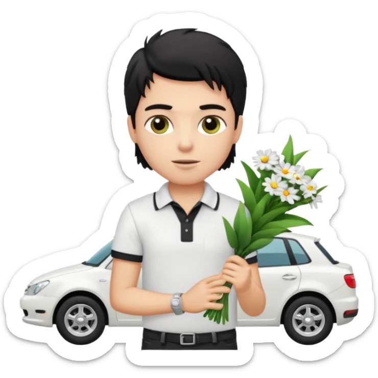 generate a pretty fair bratz boy with a messy mullet (black hair), wearing a white polo.  carrying a bouquet made of money. expensive car behind him sticker