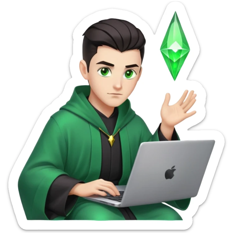 male wizzard with dark hair, mid fade haircut, slick back hairstyle, green eyes, dark robe green aura coding on laptop sticker