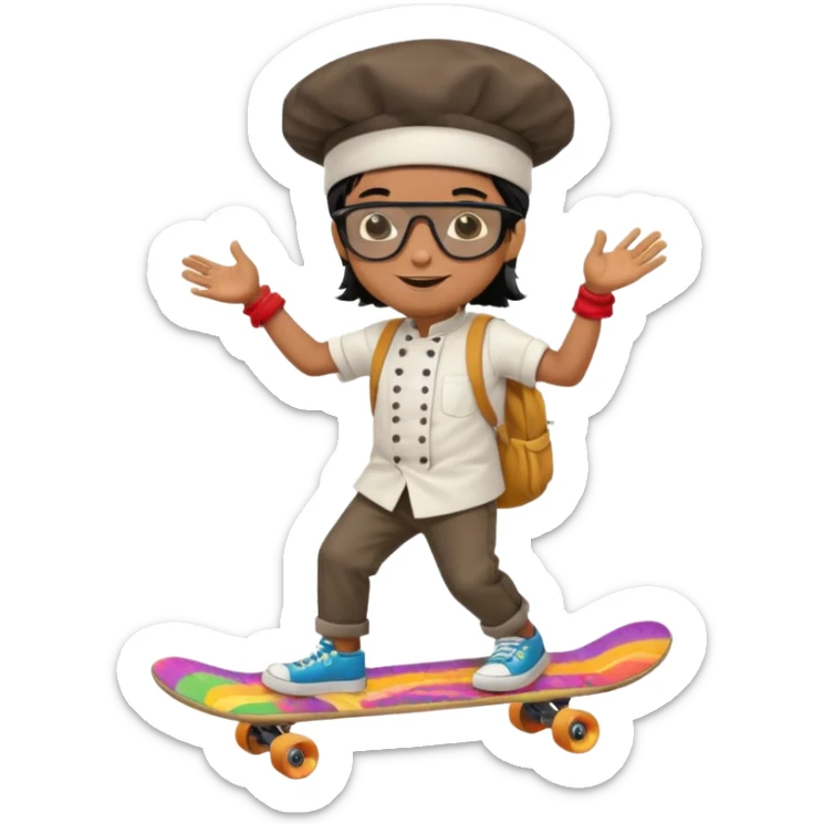 ["A happy boy with brown skin, straight hair, wearing a chef hat and sunglasses, dressed in hippie fashion, is skateboarding while holding a backpack."] sticker