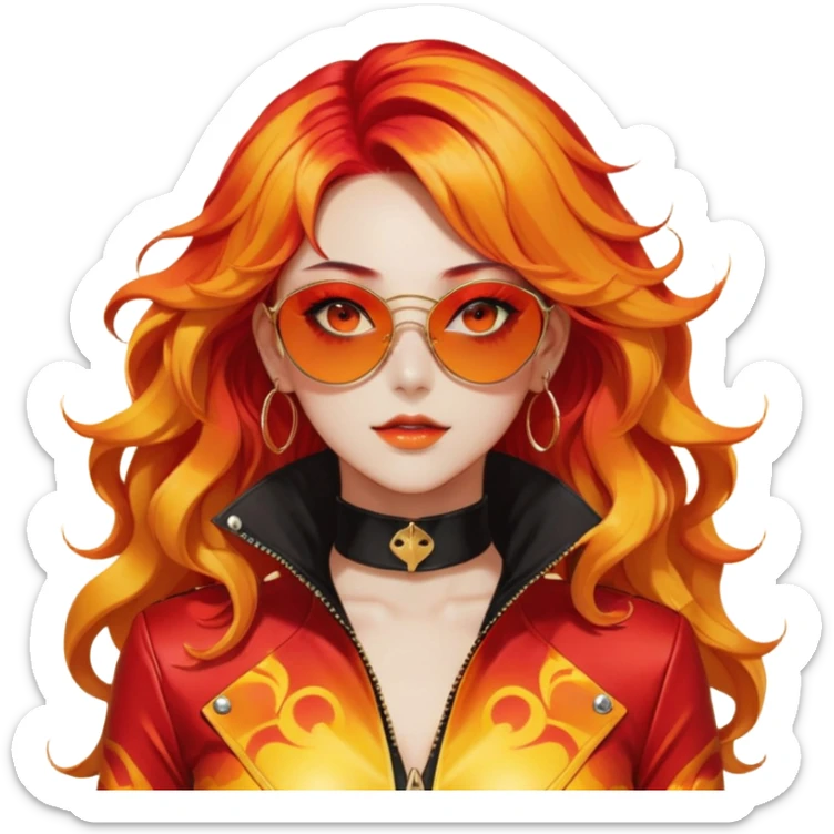 Beautiful gorgeous anime lady with beautiful fiery long warm-red-orange-yellow-gradient-wavy-special-hair, fashion aesthetic, slim red-tinted-sunglasses, accessories, gold jewelries, red-and-yellow sunny-pattern-eyes, black latex-suit, biker-woman, cool, badass, gold-sun-shaped-earrings, ahoge sticker