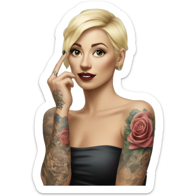 Blonde elegant women, her Body Covered with Tattoos, POINTING YOU with her HAND , Hyper realistic sticker