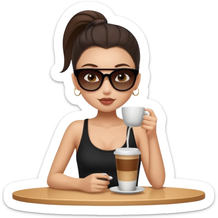 generate a pretty fair bratz girl with dark brown eyes, dark brown eyes tied into a slick back ponytail, thin brown sunglasses. Wearing a black cami top and drinking coffee, high cheekbones sticker