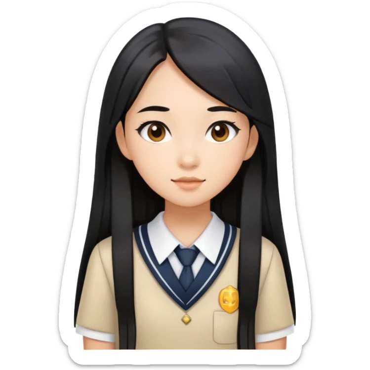chic girl with Asian skin tone, wearing a school uniform, long straight black hair sticker