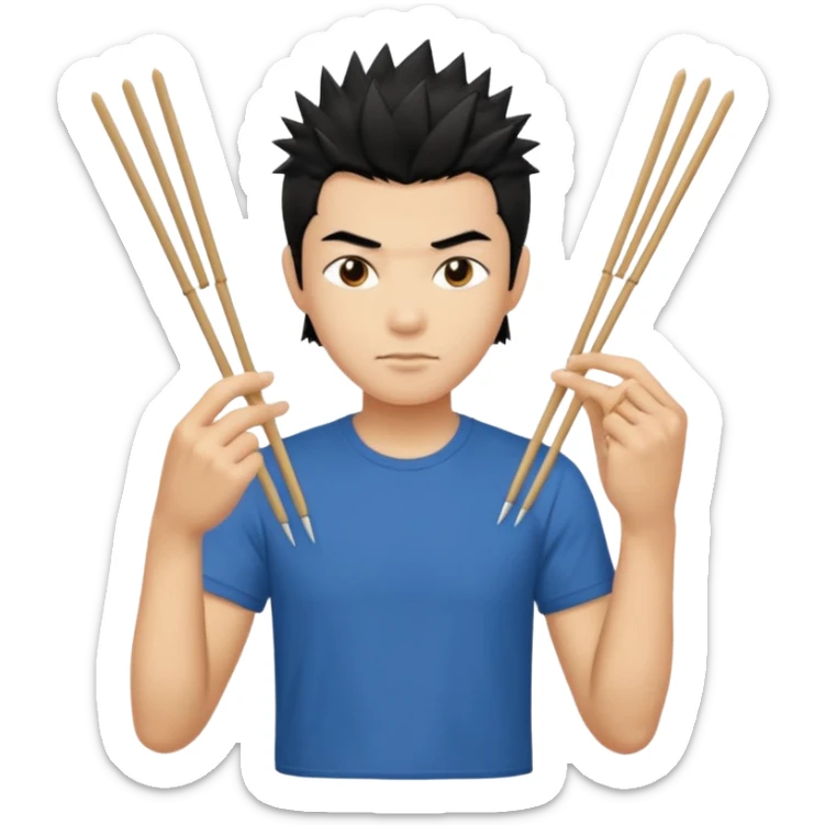 Make it a vietnamese male with spiky black hair hold ONE pair of chopsticks, t-shirt sticker