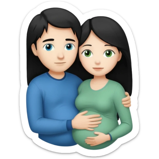 Make a couple hugging the girl is white with long black hair with blue eyes. The girl is hugging a boy with light brown short hair with green eyes. The boz is pregnant  sticker