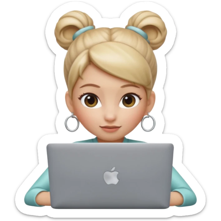 3D Apple Memoji–style emoji, female character with high bun and hoop earrings, peeking over a silver laptop, soft lighting, smooth plastic texture, transparent PNG, 4K. sticker