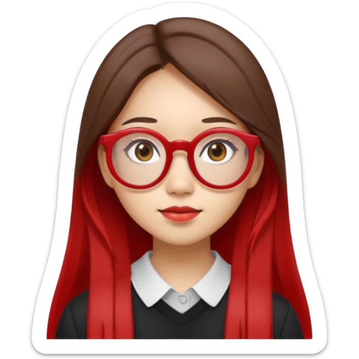 20 yr old asian woman, straight thick long brown hair, middle part, big red glasses, brown eyes sticker