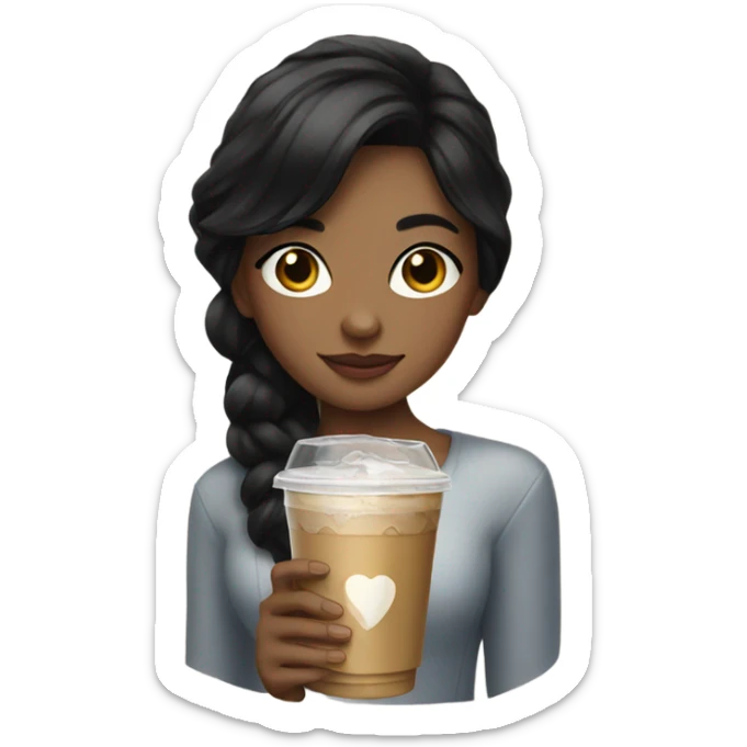 portrait of a girl with black hair with an iced coffee  sticker