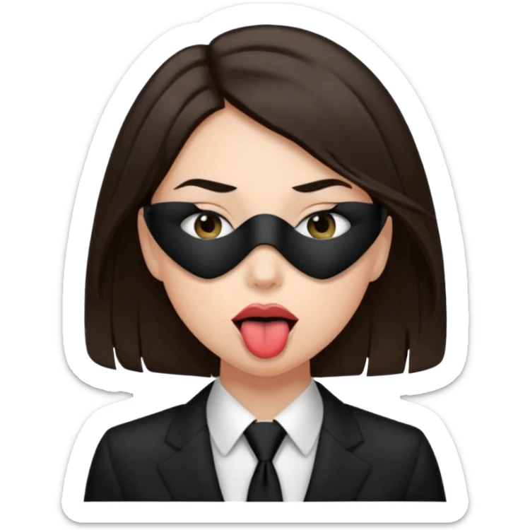 woman with dark brown hair wearing black tie over eyes with tongue out sticker