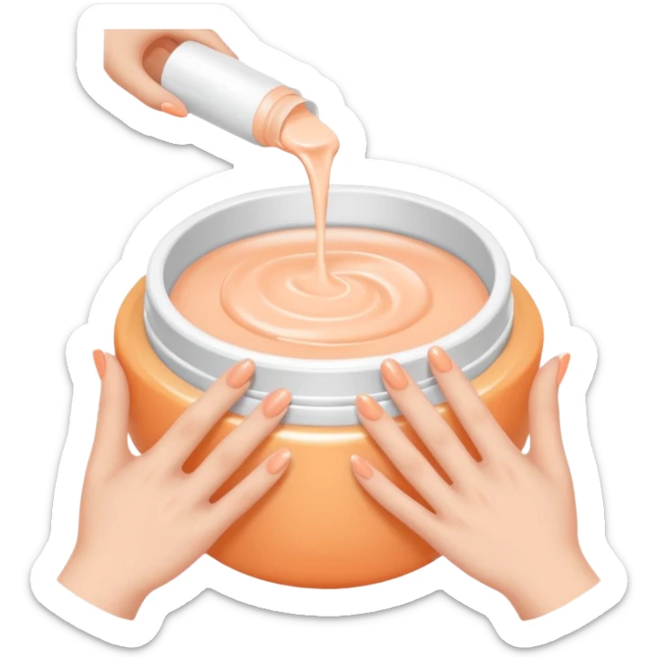 Minimal emoji of hands gently applying skincare cream, soft nude and peach tones, clean beauty aesthetic, calm and elegant, subtle glow sticker
