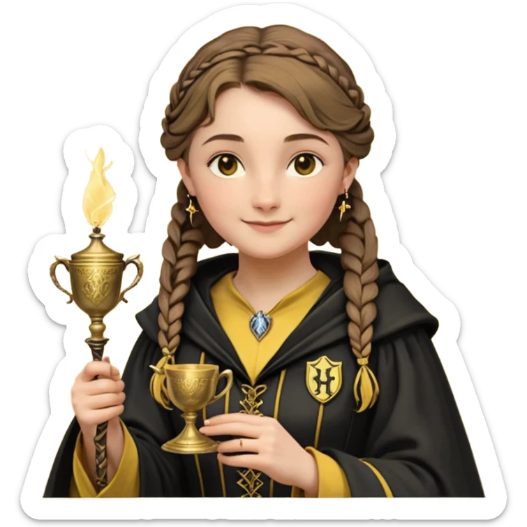 Helga Hufflepuff,the Hogwarts founder of Hufflepuff,brown-haired,2braids,yellow-black medieval dress with black cloak decorated with gold braiding,flickering magic wand and tiny two-handled shiny gold cup engraved with the badger silhouette,very kind smile,curvy busty sweet sticker