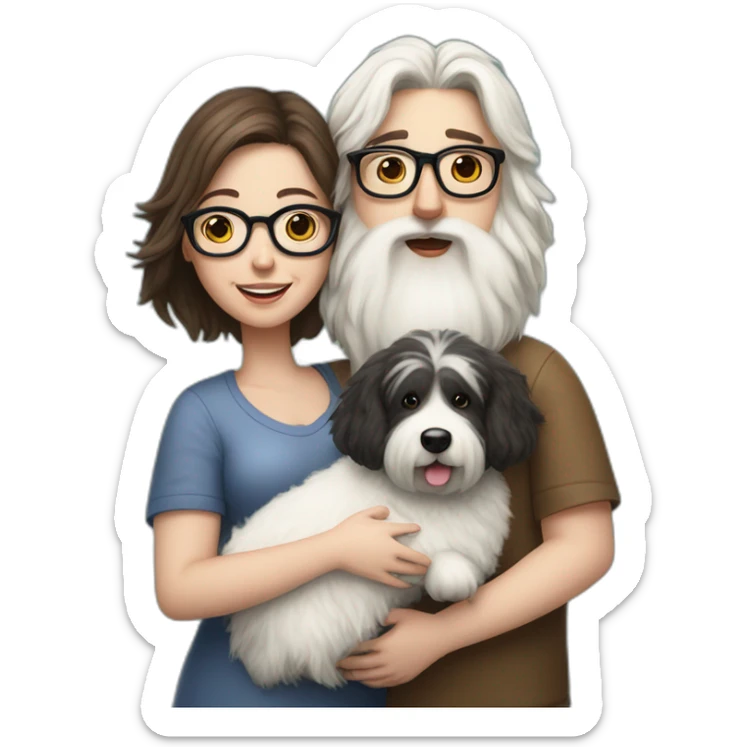 Hyperrealist pregnant girl with half long brown hair with glasses, a boy with long beard, glasses and short hair and english sheepdog sticker