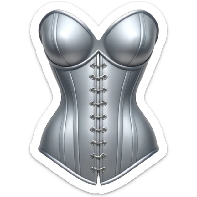 A luxury corset emoji made of silver chrome, smooth metallic curves, minimal fashion silhouette, glossy reflections, sensual high-end aesthetic, iOS emoji style, centered, clean white background sticker
