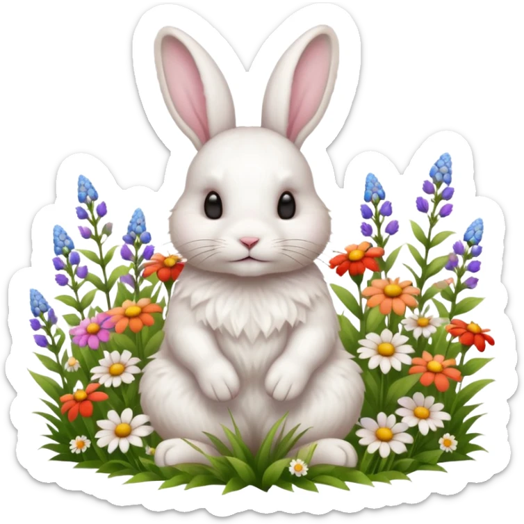 A fluffy white rabbit sitting in a meadow full of colorful flowers, ultra-realistic, high detail, soft morning light sticker