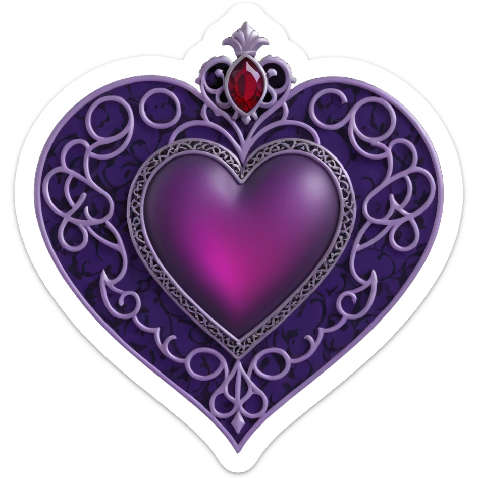 gothic heart, deep purple satin, ornate silver filigree, black lace trim, faint purple glow, with a blood red teardrop gem sticker