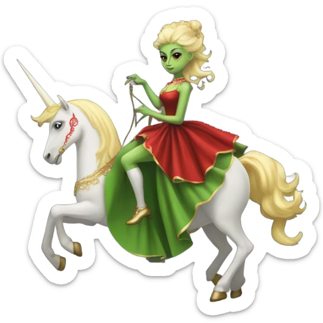 "galora green blonde alien woman" in red Victorian elegant dress, full body, rides unicorn gold and white
(NO WOKE)
 sticker