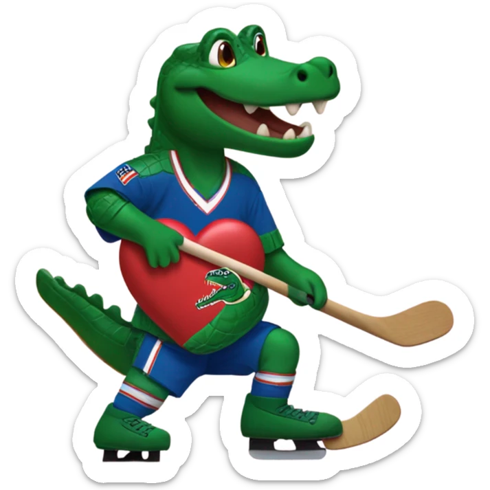 Gator playing hockey with a big heart showing near the chest. The heart needs to look like the heart from Tik Tok sticker