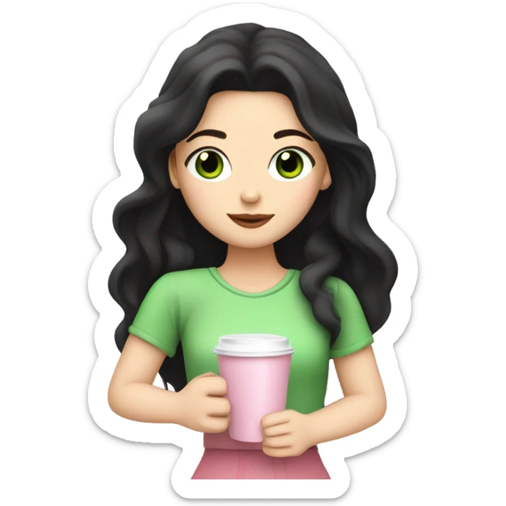 girl with pale skin, very long black hair and green eyes and light pink outfit drinking a pink latte sticker