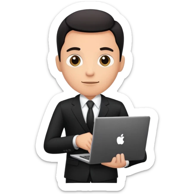 Businessman in a black business suit holding a laptop with PrimeCopy written on it sticker