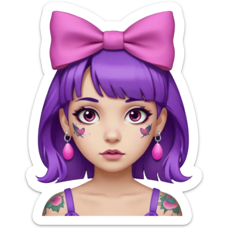 girl with bangs and purple hair and pink hairbow on the side of head and earrings and heavy face tattoos sticker