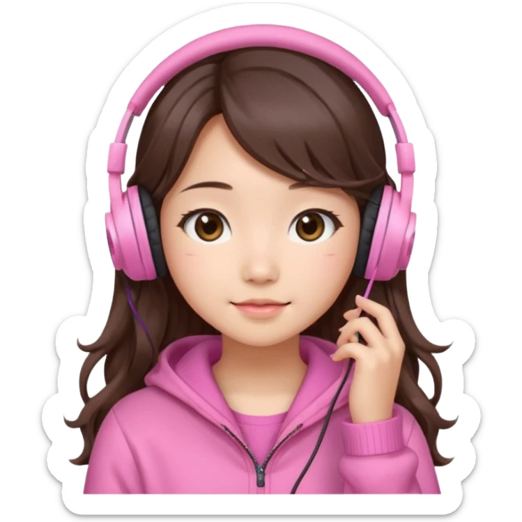 a asian japanese girl with wavy long silky brown hair and no bangs. she has a cute pink gaming headphones. she is wearing a cute pink sweater  sticker