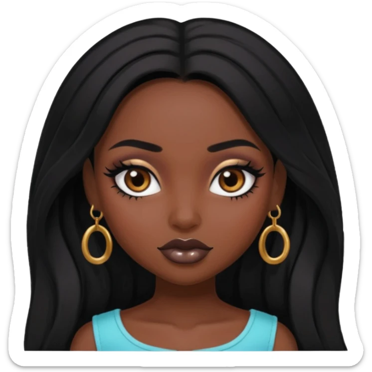 pretty black skin bratz baddie, black makeup, brown eyes, long black black people hair sticker