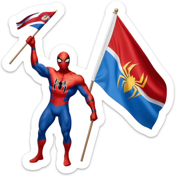 Spider-Man waving a Denver Nuggets flag in one hand and an avalanche flag and another sticker