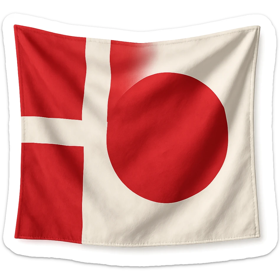 realistic flag mashup of Denmark and Japan with detailed cloth folds and soft shadows, no background sticker