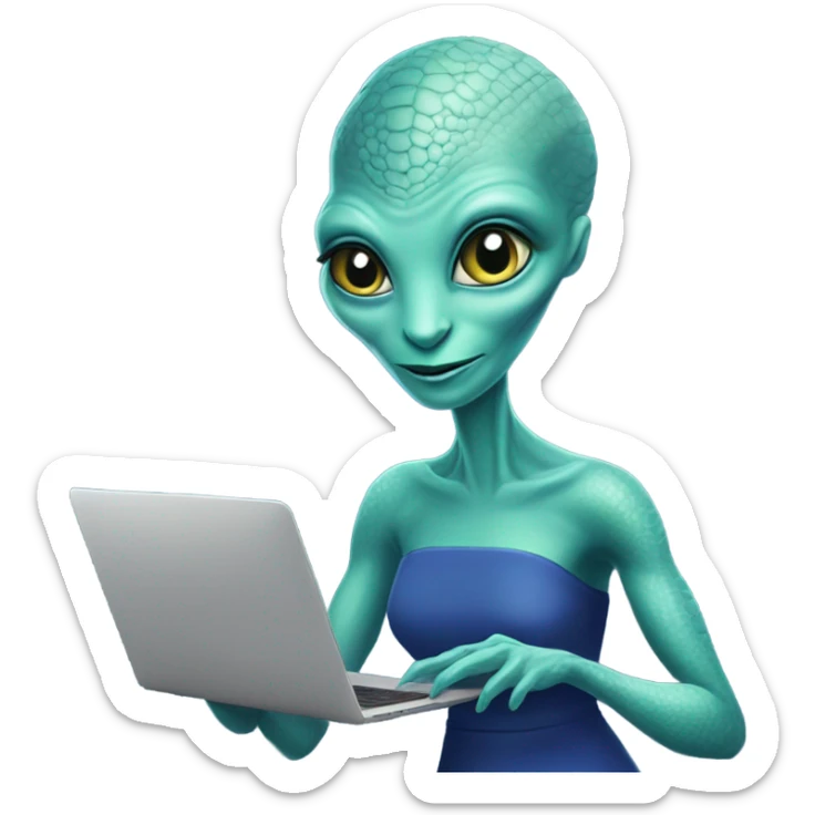  a Reptilian alien woman, in blue dress, working macbook on desktop sticker