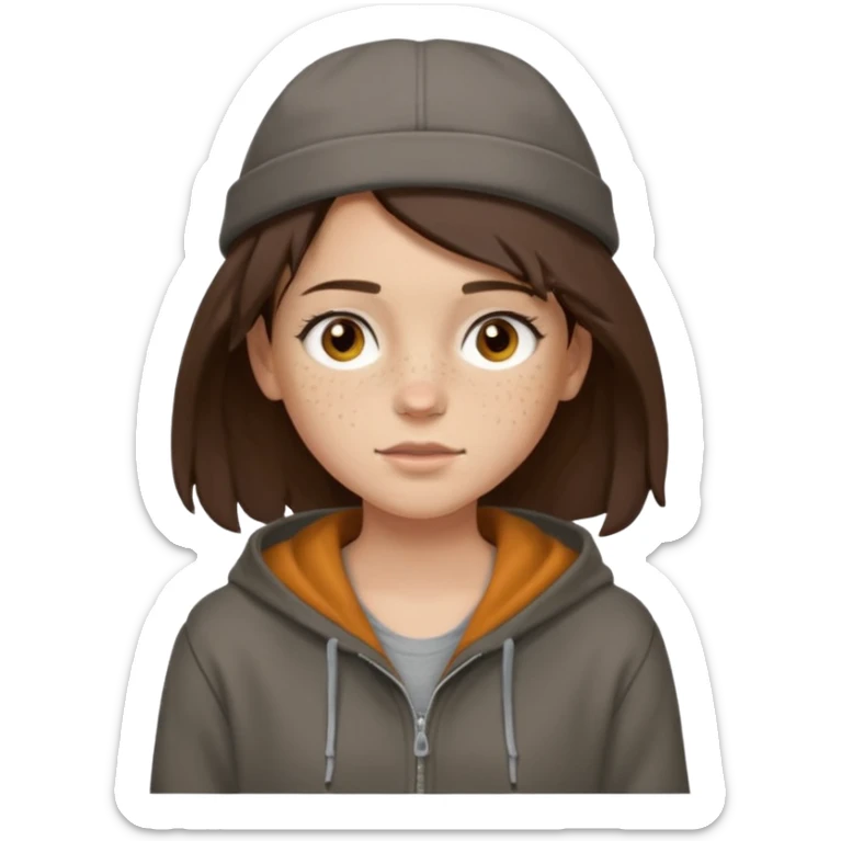 Hobo tomboy with light skin, freckles, shoulder-length center-parted dark brown hair. brown eyes, dark dull brown hoodie, grey shirt. Flat crown bolero hat sticker