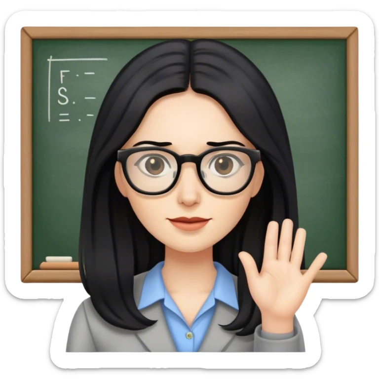pale female teacher with long black hair, wearing glasses teaching Spanish sticker