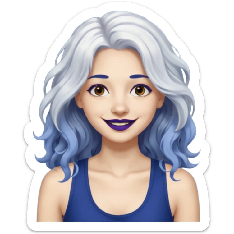 woman wavy with long white hair and brown eyes with dark blue lipstick smiling in a grunge tanktop sticker